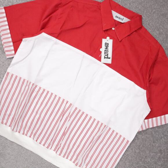 VTG 80s 90s Award Deadstock Large Red White Striped Short Sleeve Collared Shirt - Picture 7 of 9